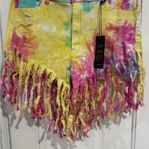 Tie-Dye Fringe Denim Shorts